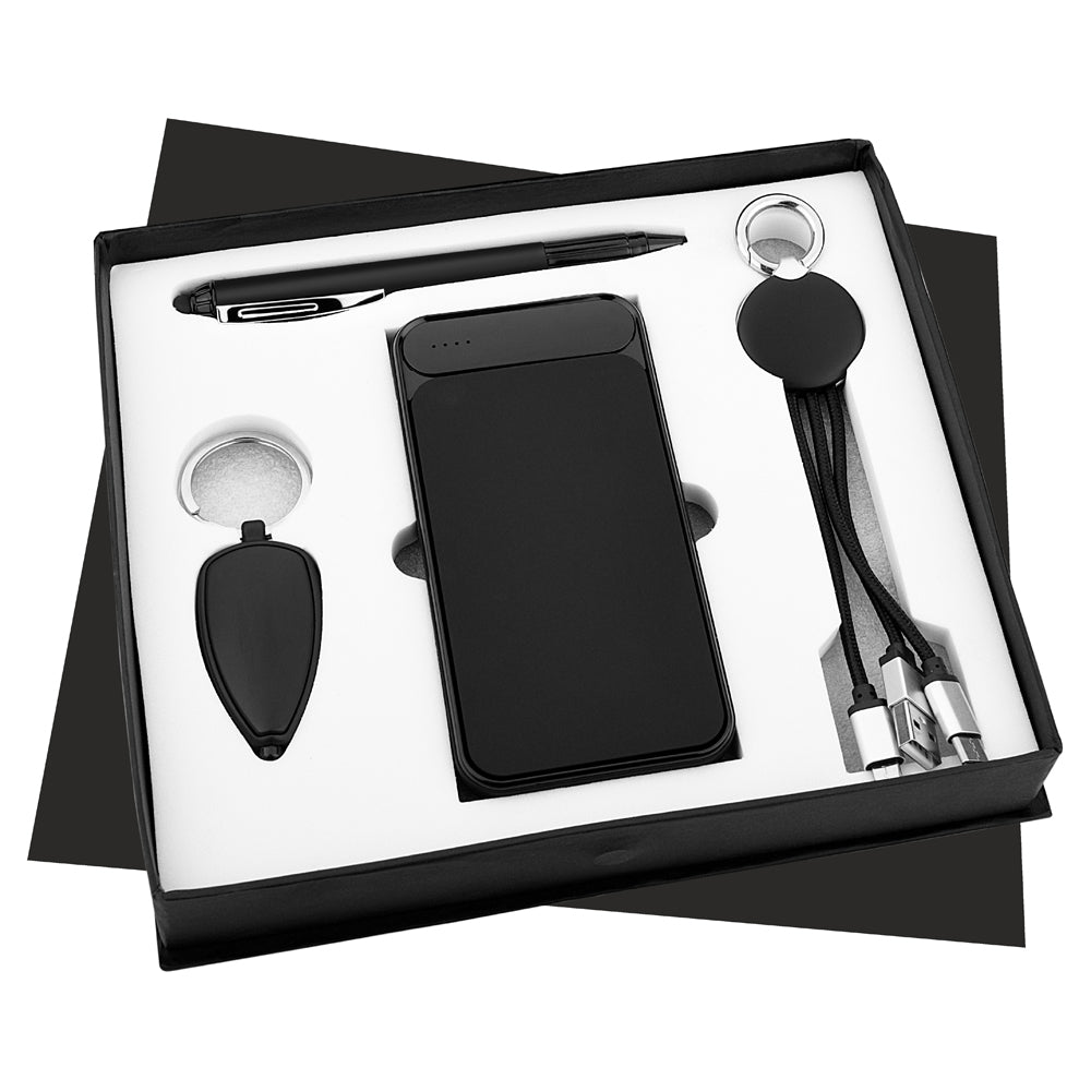 Welcome LED Glow Gift Set: Featuring a 10,000mAh Powerbank, sleek pen, stylish keychain, and universal charging cable.